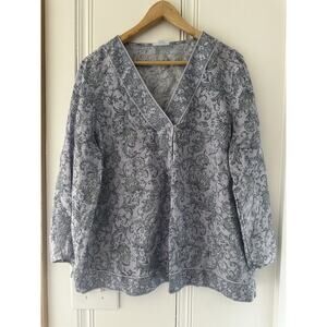 J Jill Womens L 100% Linen Paisley Boho Cottagecore Tunic Blouse Blue Gray